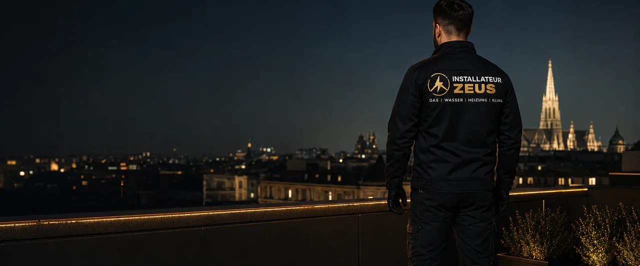 Monteur auf einer Wiener Dachterrasse, Stephansdom im Hintergrund